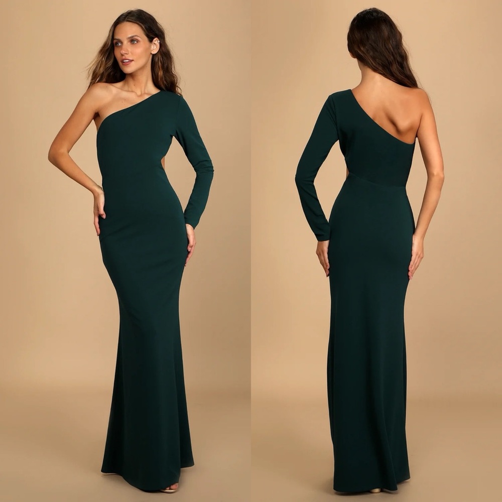 Lulus | Wondrous Romance Dark Green One-Shoulder Mermaid Maxi Dress